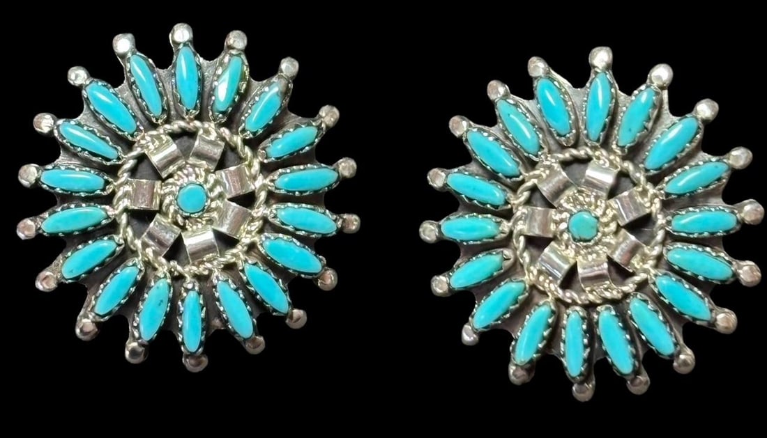 Sterling and Turquoise Petit Point Earrings Signed Nathanial and Rosemary Nez: Native American sterling and turquoise Petit point earrings. Signed N & R Nez (Nathanial and Rosemary Nez). Measures 1" across. Well-marked silversmith mark. Domestic shipping $8.