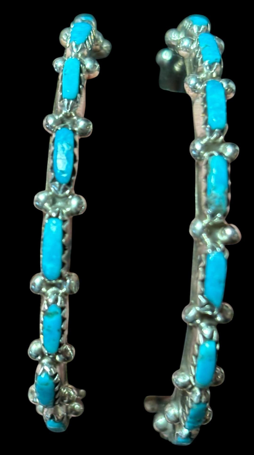 Native American Navajo Sterling Petit Point Turquoise Earrings Signed MFH: Native American Navajo signed sterling and turquoise petit point hoop earrings. Signed MFH with hallmark stamp also. Hoop measures .75". Domestic shipping $8.