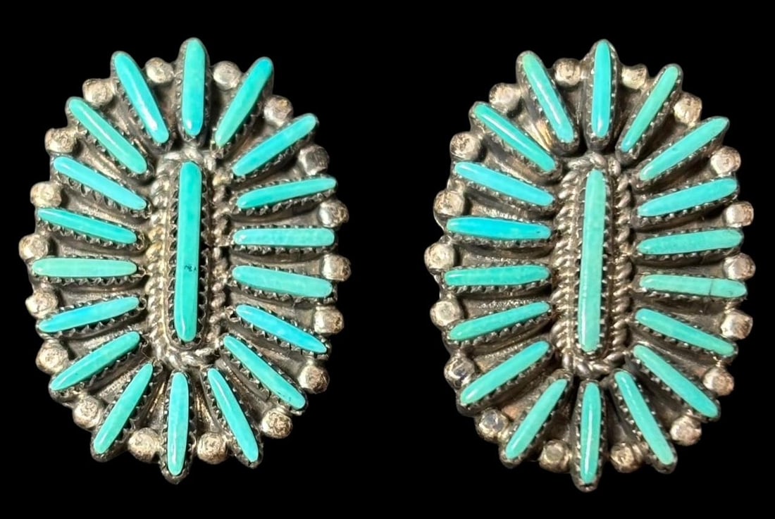 Native American Zuni Sterling and Turquoise Petit Point Clip Earrings Signed ANP: Native American sterling and turquoise petit point clip on earrings. Scribe signed ANP and Zuni. Measures .75" x .5". Domestic shipping $8.