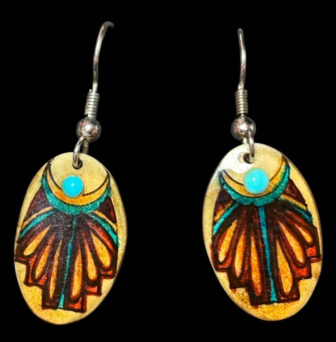 Native American Bone and Turquoise Pierced Earrings: Native American polished bone/horn hand painted pierced earrings with turquoise stone accent. Measures .5" x 1". Domestic shipping $8.