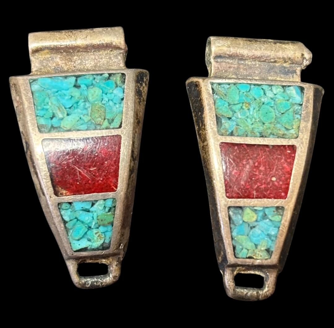 Native American Sterling, Coral and Turquoise Watch Band End Pieces (1 of 1)