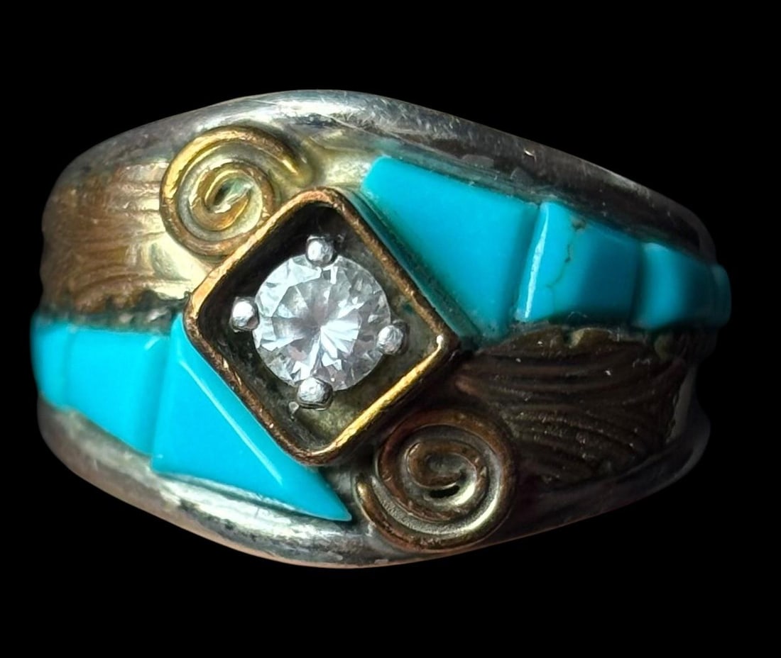 Native American Sterling, Turquoise and CZ Stone Ring Signed S. Ray (1 of 4)