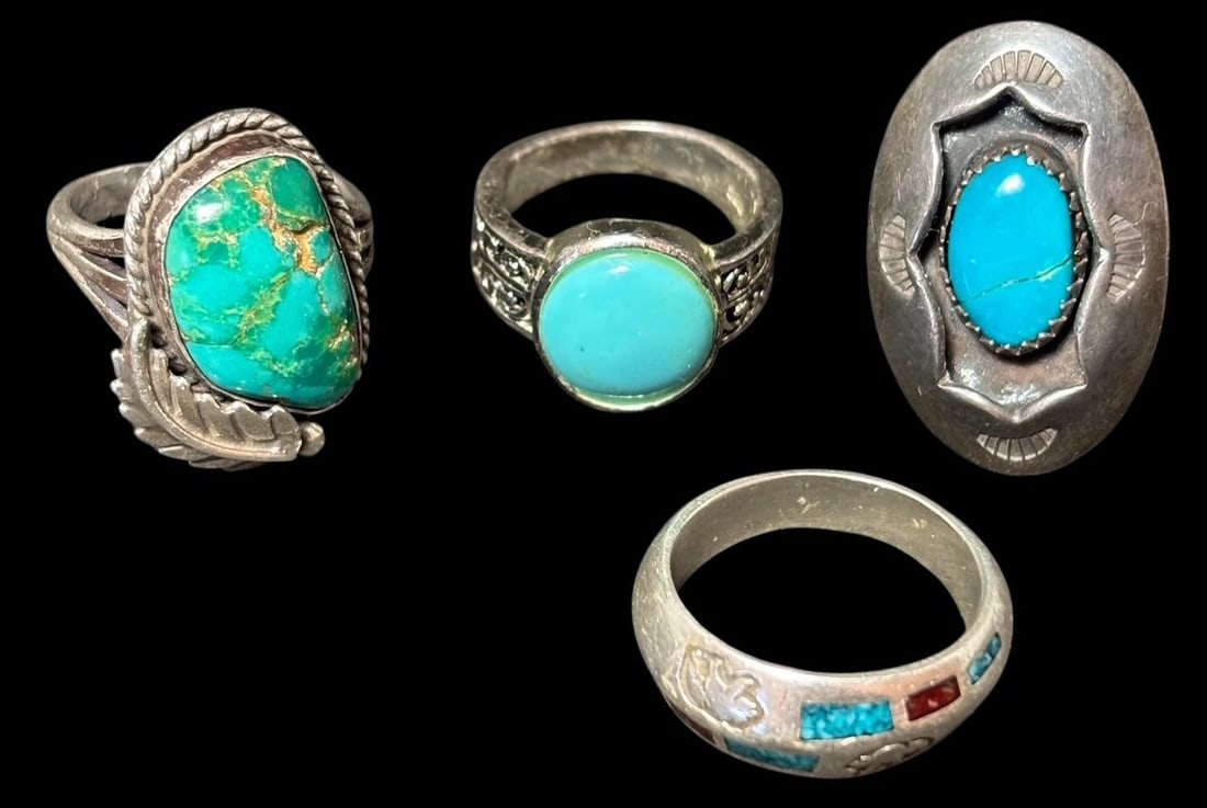 Lot of Four Native American Sterling and Turquoise Rings (1 of 4)
