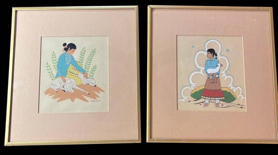 Pair of Harrison Begay Silk Screened Prints: Pair of Harrison Begay silk screened prints. Begay is a Navajo artist and his bio and print info are included on back of print. Framed art measures 10" x 10.5". Visible art measures 5" x 6". Domestic