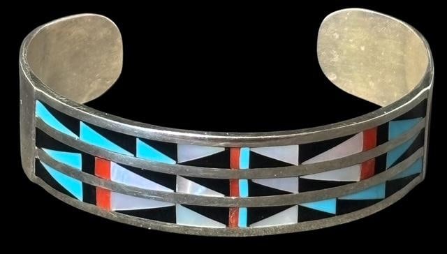 Zuni Sterling and Stone Cuff Bracelet Artisan Signed Lasiloo (1 of 3)