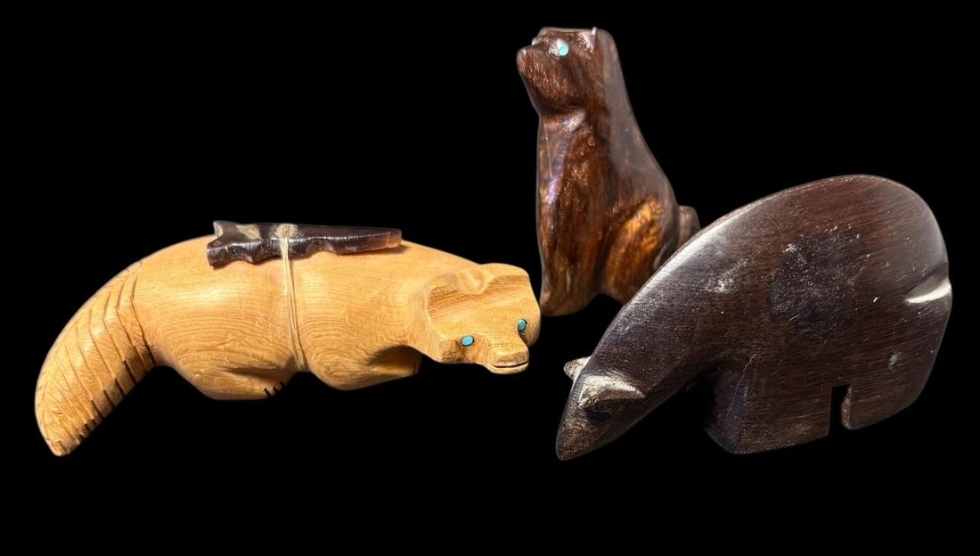 Lot of Three Carved Wood Native American Zuni Bear and Fox Fetishes (1 of 3)