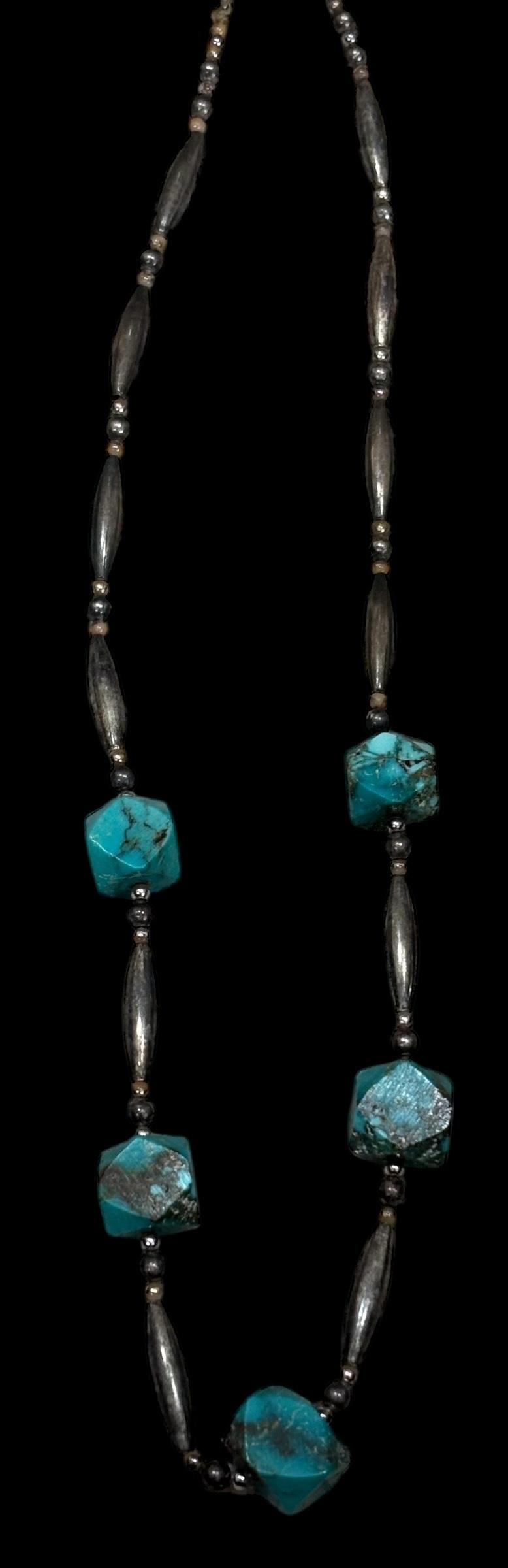 Navajo Sterling and Turquoise Necklace: Native American Navajo sterling bead and turquoise chunks. 18" necklace. Domestic shipping $10