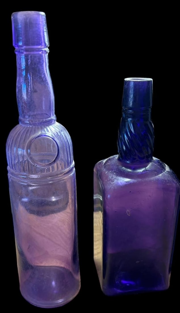 2 1880's Whiskey Amethyst dark purple Saloon Bottles (1 of 6)