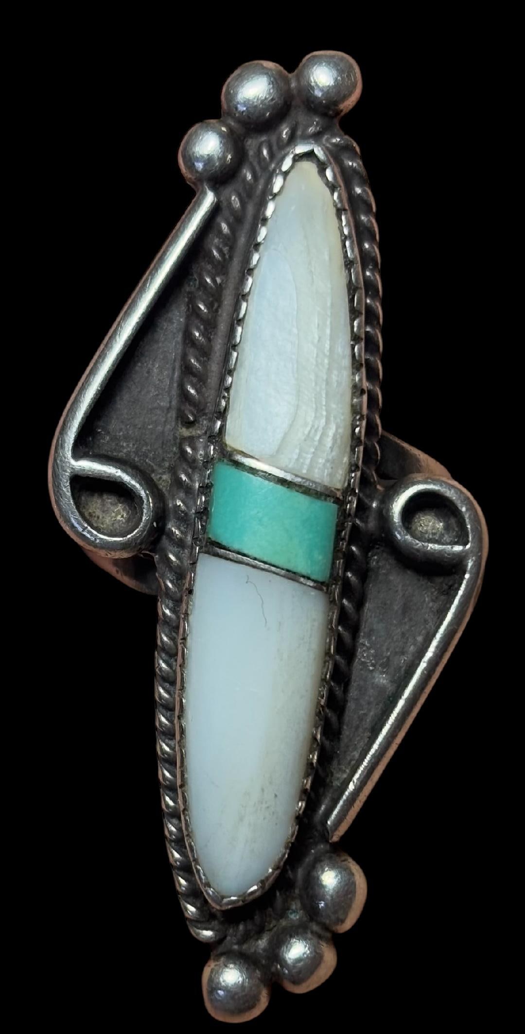 Native American Sterling Ring with Turquoise and White Stone (1 of 2)