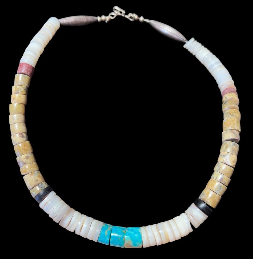 Navajo Turquoise and Stone Flat Bead Warrior Choker: Native American Navajo turquoise and stone flat bead warrior choker with sterling ends on string. 15" Domestic shipping $8
