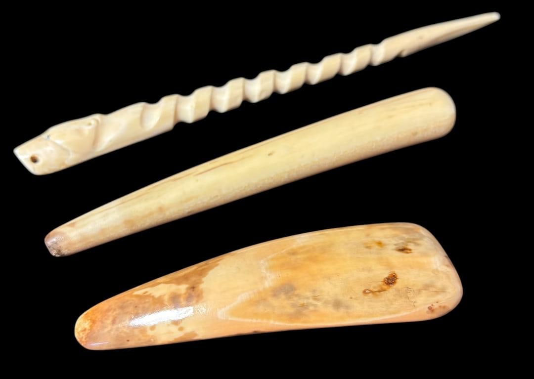 Native American Inuit Bone and Walrus Tusk Carved Artifacts: Inuit bone and walrus tusk hand carved artifacts. Polar Bear head piece measures 7.75". Other tusk pieces measure 5.5" and 4.5". Domestic shipping $12.