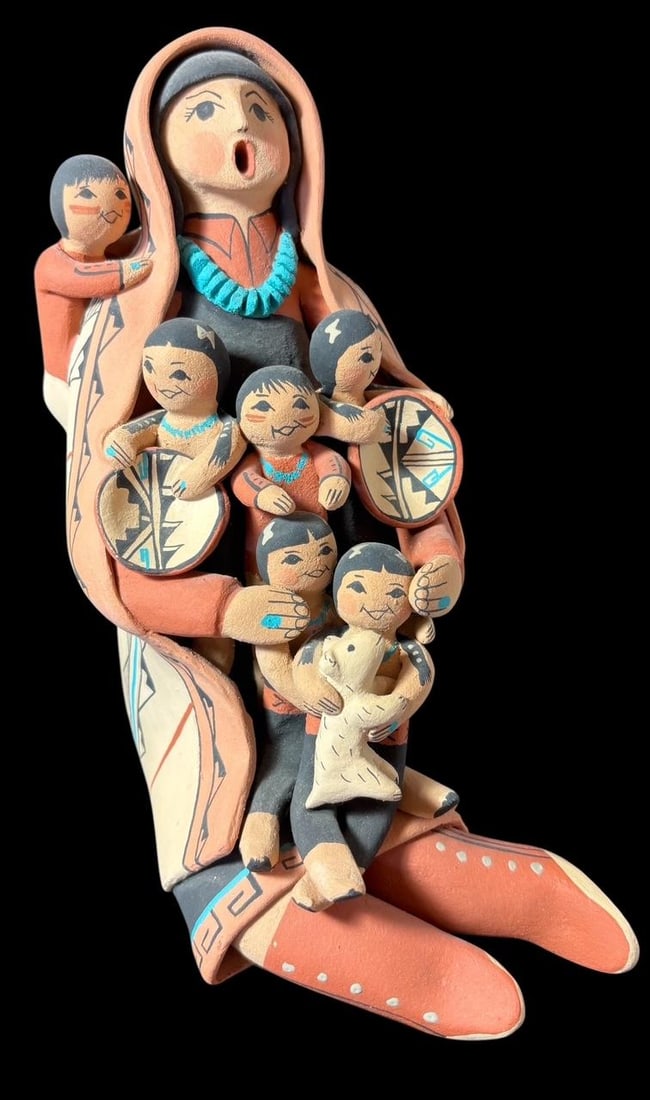 Native American Jemez Pueblo Signed Lucero Gachupin Storyteller Figure: Native American Jemez pueblo storyteller with six babies. Nice detail. Signed Lucero Gachupin and Jemez. Measures 6.5" tall. Domestic Shipping $16.