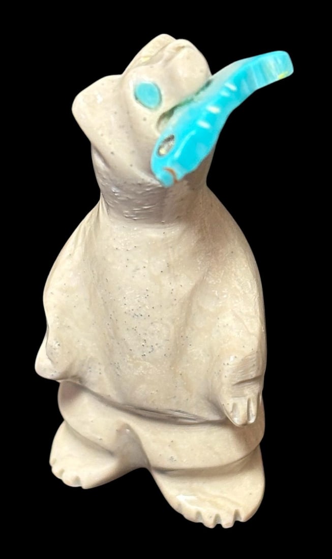 Native American Zuni Signed AQ Hand Carved Stone Bear Fetish (1 of 3)