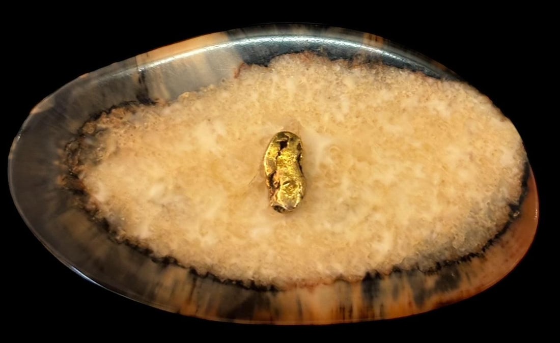 Agate with GOLD Nugget Brooch: Sliced piece of agate with an attached gold nugget brooch. Pinback sterling silver. Measures 2" x 1". Domestic shipping $8.