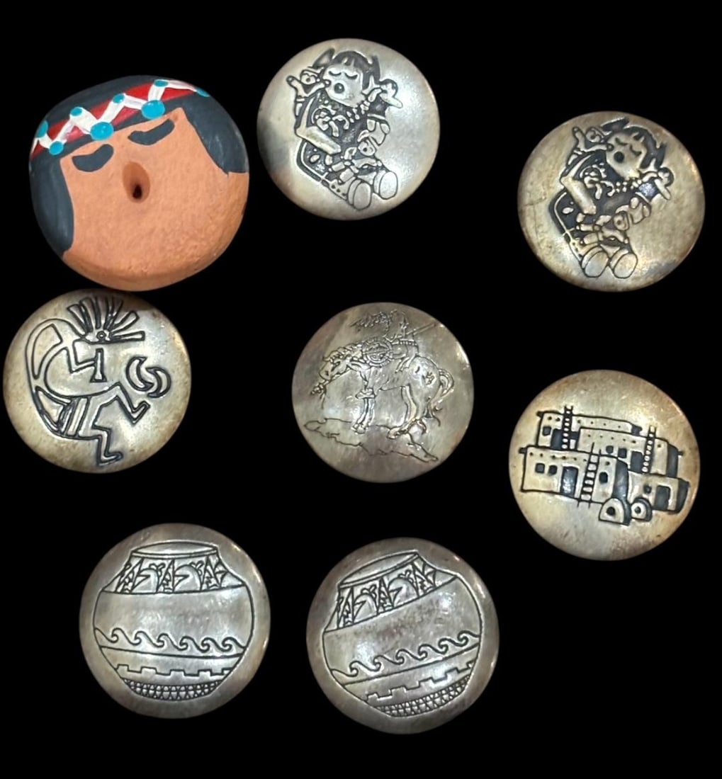 Lot of Eight Native American Button Covers Sterling (1 of 2)