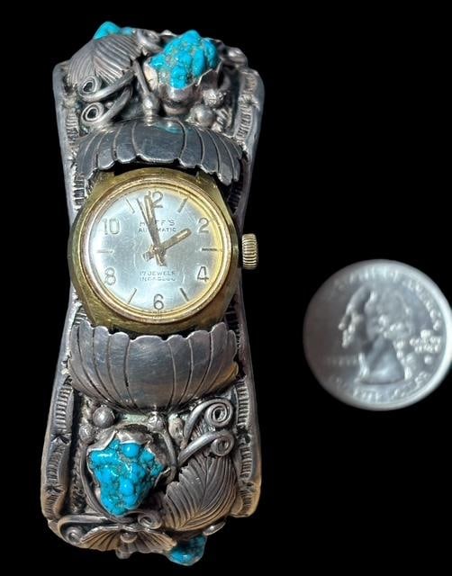 Native American Navajo Signed Morty Johnson Sterling and Turquoise Watch (1 of 4)