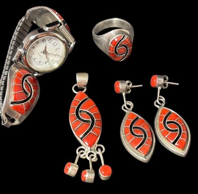 Signed Amy Quandelacy Zuni Sterling and Coral Jewelry Set (1 of 4)