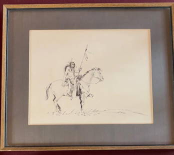 Original Signed Indian Warrior Pen Drawing By R.S del Campo: Pen drawing of a Native American person on a horse signed by R. S. del Campo. Framed artwork measures 24" x 20". Visible artwork measures 17" x 13".