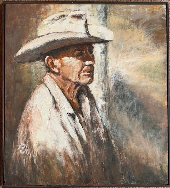 Original Oil Painting by New Mexico Artist Ernie Lee Miller: Original oil on board painting of Apache Cowboy by La Luz NM artist Ernie Lee Miller. Visible art measures 21.25" x 23.75". Framed art measures 22" x24.5".