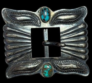Native American Sterling and Turquoise Belt Buckle