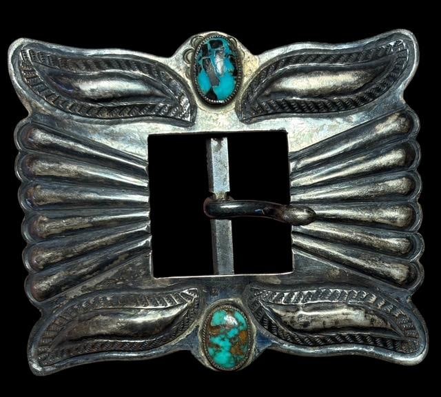 Native American Sterling and Turquoise Belt Buckle