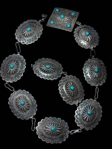 Important Floyd Arviso Vintage Native American Navajo Turquoise Sterling Silver Concho Belt Important Floyd Arviso Vintage Native American Navajo Turquoise Sterling Silver Concho Belt