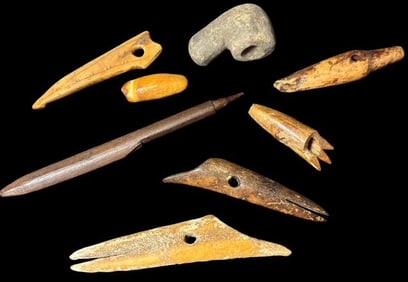 Lot of Eight Inuit Carved Bone/Tusk Artifacts Tools and Fishing Implements