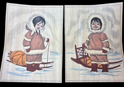 Pair of Mid Century Paintings of Eskimo Children