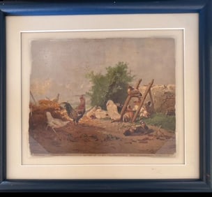 Original Signed Theophile Victor Emile Lemmons "Chicken in Yard"