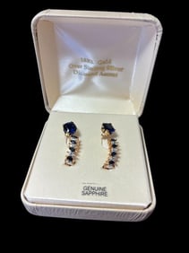 Pair of Genuine Sapphire Pierced Earrings Studs and Hoops 18k Over Sterling