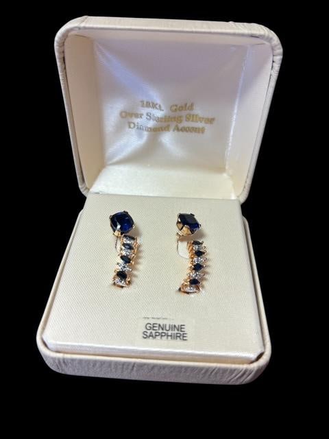 Pair of Genuine Sapphire Pierced Earrings Studs and Hoops 18k Over Sterling (1 of 2)
