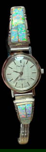 Native American Navajo Signed CA Sterling and Opal Watch Band: Native American Navajo signed sterling and opal watch band. Signed CA. Each sterling band end measures 1". For in-house shipping, select "bidder arranged." Domestic shipping $10.