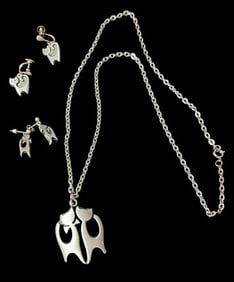 Signed Mid-Century Swedish Stylized Cat Pewter Necklace and Earrings