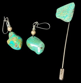 Lot of Two - Turquoise Chunk Earrings and Stick Pin