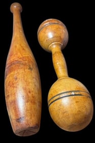 Lot of Two Antique Wood Club Pin and Dumb Bell 1900s