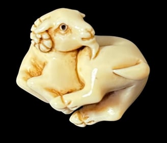 Japanese Bone Carved Ram Netsuke