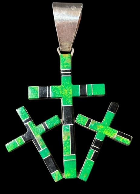 Deep Green Turquoise, Onyx and Sterling Three Crosses Pendant (1 of 2)
