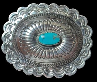 Signed Native American Navajo Sterling and Turquoise Belt Buckle Carson Blackgoat