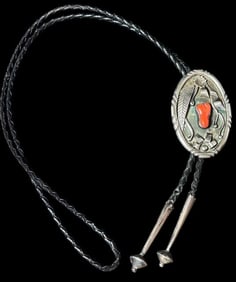 Native American Navajo Sterling and Coral Bolo Tie Signed MH