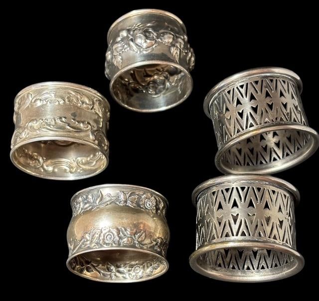 Lot of Five Sterling and Silver-Plated Antique Napkin Rings (1 of 10)