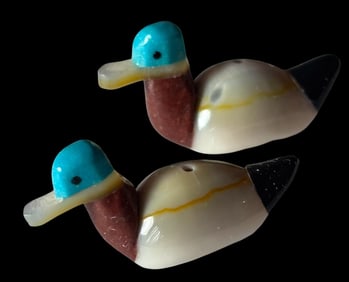 Pair of Miniature Hand Carved Shell and Stone Duck Fetish Pendants
