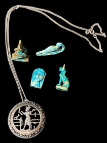 Lot of Five Egyptian Amulets and Pendant on Sterling Chain