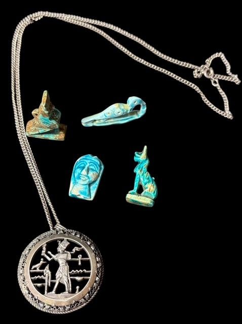 Lot of Five Egyptian Amulets and Pendant on Sterling Chain (1 of 2)