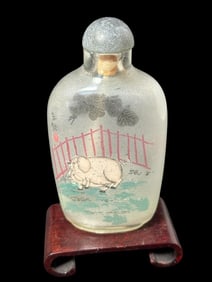 Glass Reverse Painted Snuff Bottle with Wood Stand