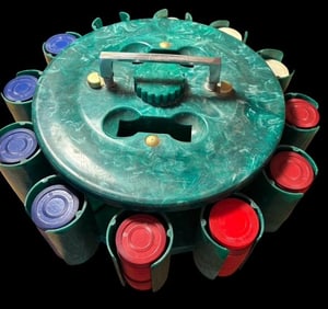 Green Turnit Poker Chip Rack with Poker Chips Ca. 1940s