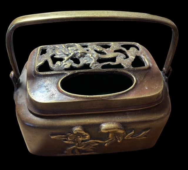 Qing Dynasty Antique Stamped Brass/Bronze Hand Warmer: Artisan marked antique brass-bronze Chinese hand warmer. Qing dynasty. Measures 7.5" wide, 6" to top handle and 5" deep. For in-house shipping, select "bidder arranged". Domestic shipping $20