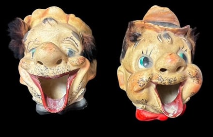 Pair of Japanese Vintage Hand Painted Chalk Ware Hobo Head Ashtrays