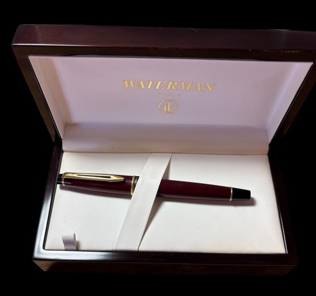 Waterman Fountain Pen and Case - Paris: Burgundy colored Waterman fountain pen with case and 8 cartridges. Paris, France. Case measures 12" x 8" x 4". For in-house shipping, select "bidder arranged". Domestic shipping $10.