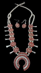 Navajo Two-Sided Squash Blossom Necklace and Earrings Turquoise and Coral