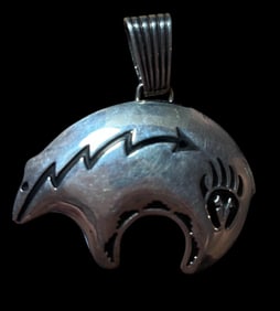 Native American Stamped Sterling Bear Fetish Pendant